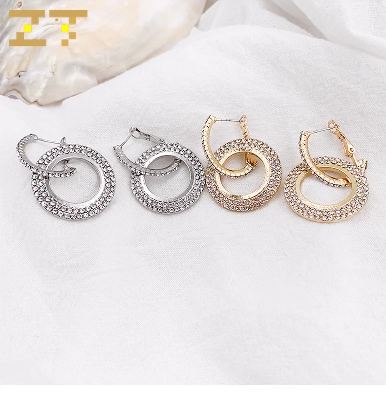 Женские серьги подвески со стразами круглые свадебные золотого и серебряного