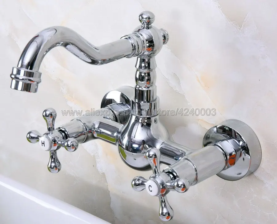 

Polished Chrome Bathroom Basin Sink Mix Tap Dual Handles Wall Mounted Kitchen Basin Sink Mixer Faucet Kna968