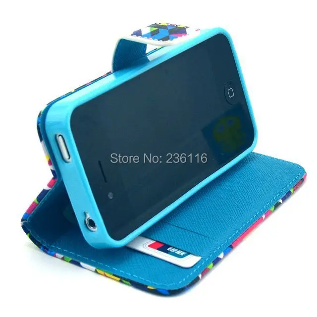 Diamond Puzzle Pattern PU Leather Case with Stand Cover for Apple iPhone 4 4S Shell |