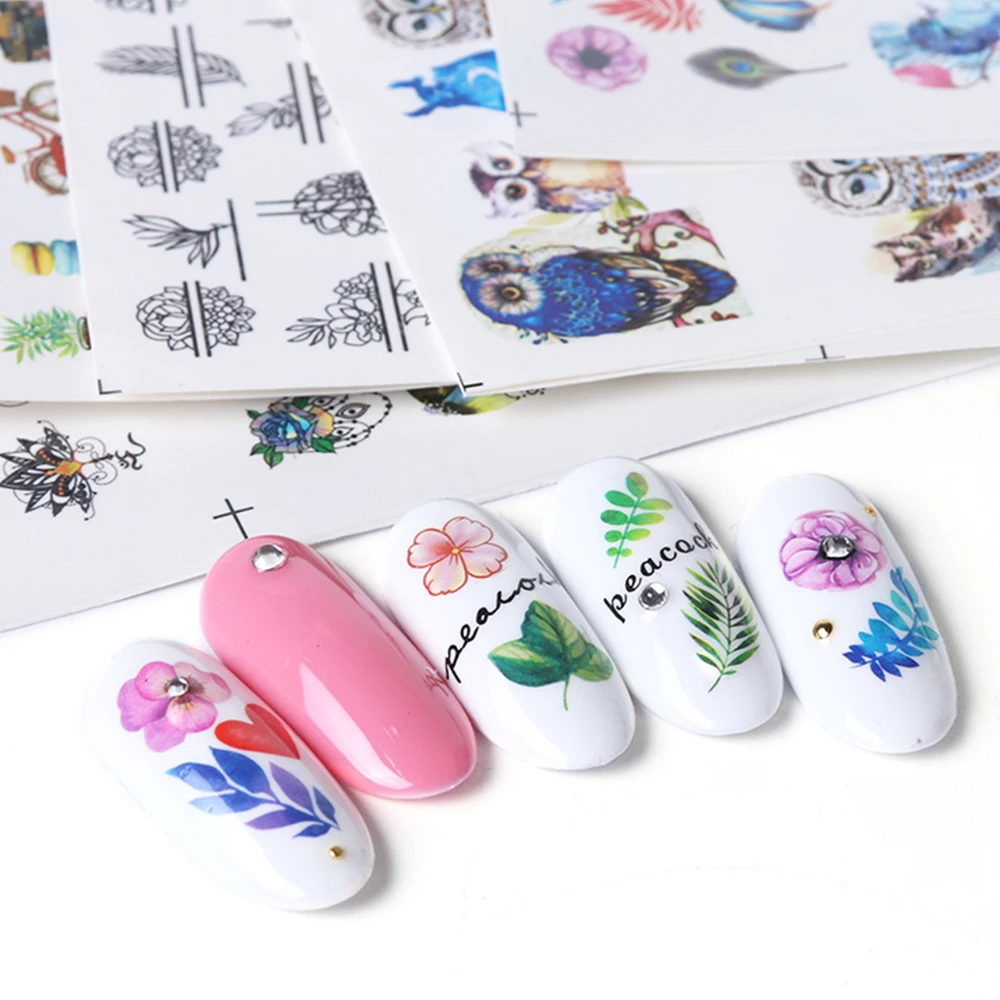 84 шт летние Nail Art Набор наклеек Водные Наклейки ожерелье из драгоценных камней Павлин Сова ползунок ногти любовь маникюрный набор CHBN1129-1212