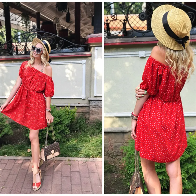 Сексуальное платье с открытыми плечами узором в горошек принтом пляжное туника