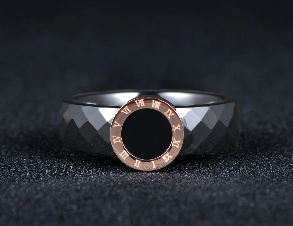 JeeMango Roman Numerals Ring Jewelry For Women Rose Gold Color Ceramic Titanium Steel Wedding Rings Anneaux R17159 | Украшения и