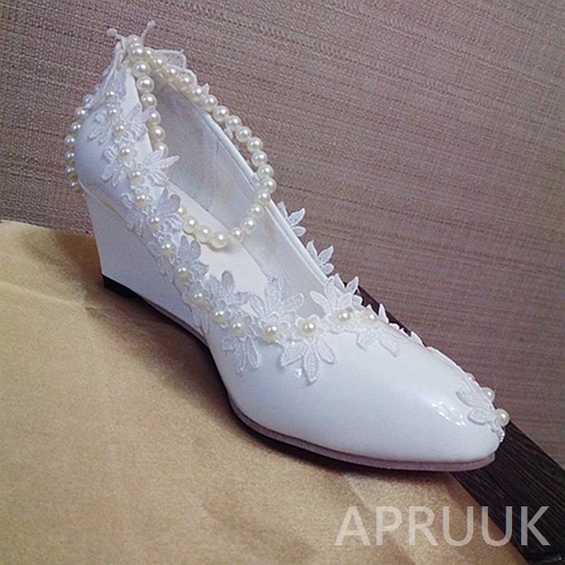

5CM heel wedged white lace ivory pearls wedding shoes bride middle heel shoes for woman handmade ladies party dress shoes
