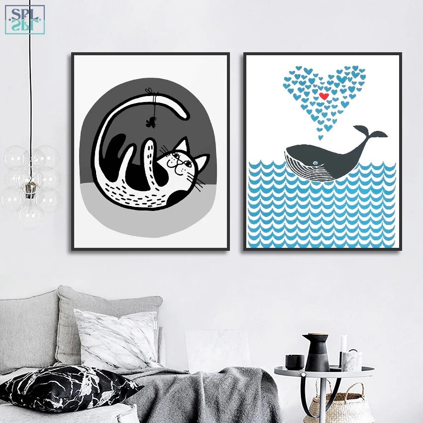 SPLSPL скандинавский мультяшный рисунок милые животные Кошка и рыба настенная