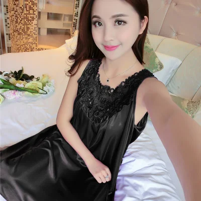 Silk satin nightgown 5XL Летняя шелковая ночная рубашка женская однотонная Пижама Женская атласная кружевная ночная рубашка шелковая сексуальная ночная рубашка женское домашнее платье для сна L-3XL 4XL - Цвет: Silk satin nightgown