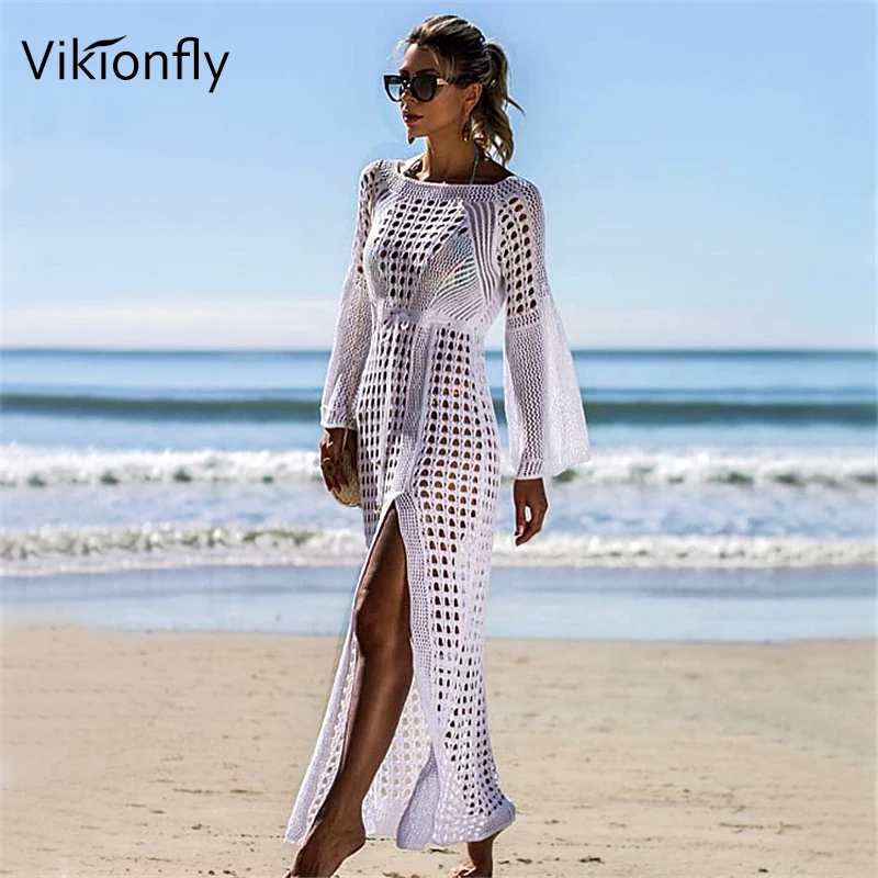Длинная Пляжная накидка Vikionfly вязаная крючком бикини женский летний белый