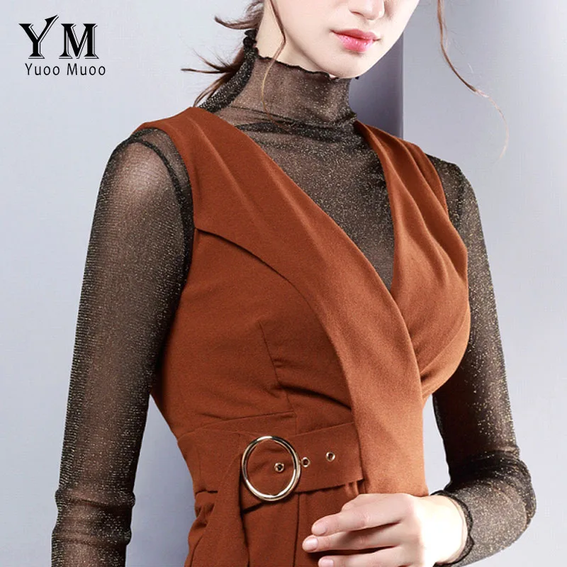 Black Golden YuooMuoo, сексуальная прозрачная Сетчатая футболка, высокое качество, Женская водолазка, топы размера плюс, длинный рукав, чистый тонкий женский топ с блестками - Цвет: Black Golden