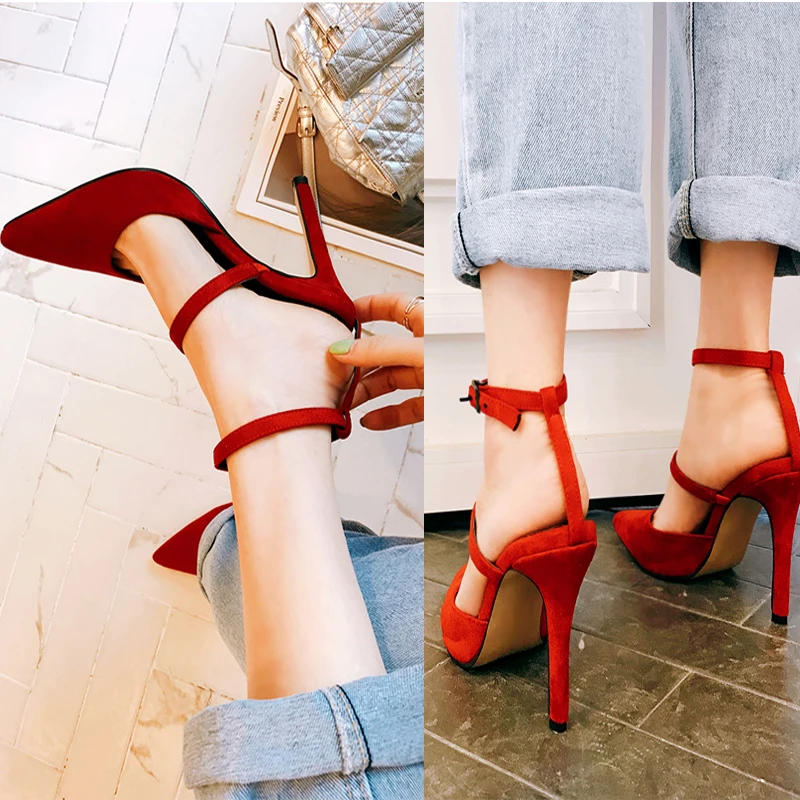 Матовые бархатные туфли красного цвета с острым носком женские босоножки на