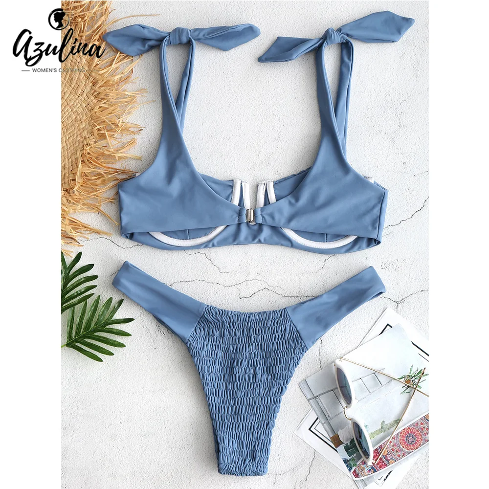 ZAFUL Shirred Underwire Bikini V Cut Bikini Set Scoop Neck Unlined Bikinis Mujer Sexy Thong Swimsuit Women Biquini