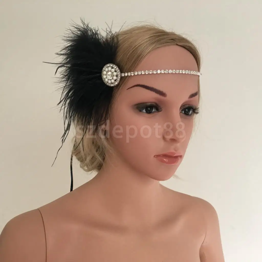 1920s Great Gatsby винтажное черное перо жемчуг стразы цепочка Хлопушка повязка на голову нарядное платье Аскот гоночный головной убор