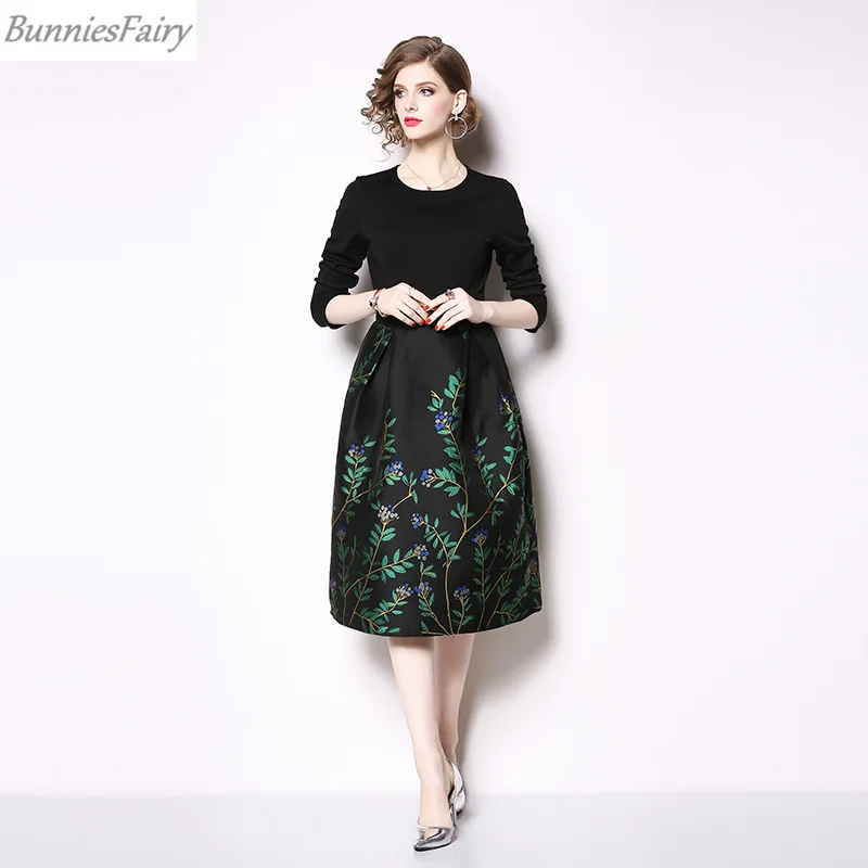 BunniesFairy Весна Осень женское Хепберн элегантное Ретро зеленое цветочное жаккардовое ТРАПЕЦИЕВИДНОЕ черное платье лоскутное платье
