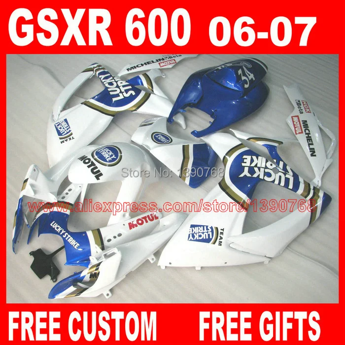 Высокое качество обтекатель комплект для SUZUKI GSX R 600/750 06 07 синий белый LUCKY STRIKE Обтекатели набор K6 gsxr600 2006 GSXR750 2007