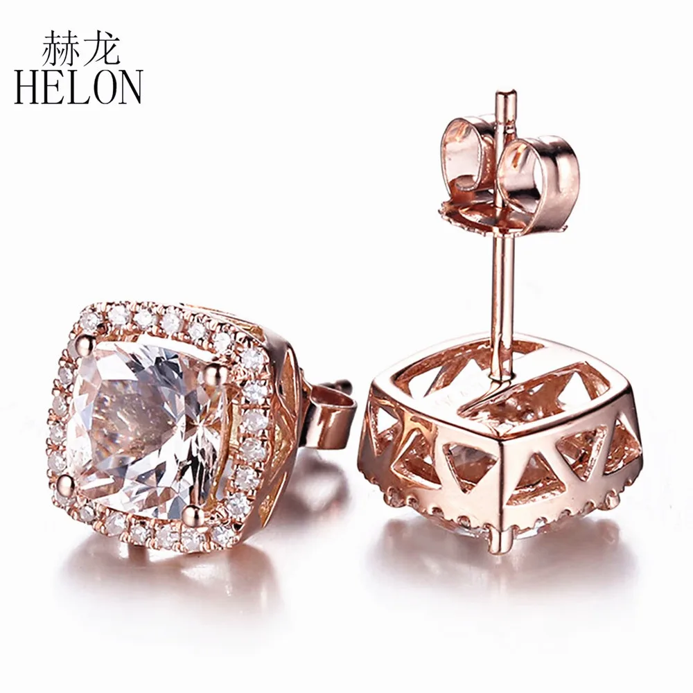 HELON Solid 14 K розовое золото Элегантные Изысканные украшения дамы 6 мм Подушка морганитовые серьги Природные Алмазы вставленные мостовой закрепкой серьги-гвоздики