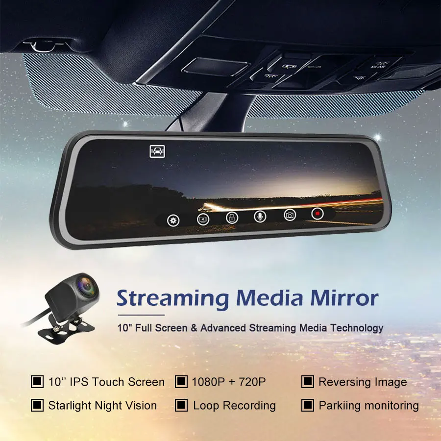 Olysine 10 ''ips сенсорный видеорегистратор Full HD 1080P Автомобильный видеорегистратор поток медиа зеркало заднего вида регистратор видеорегистратор Двойной объектив видео регистратор