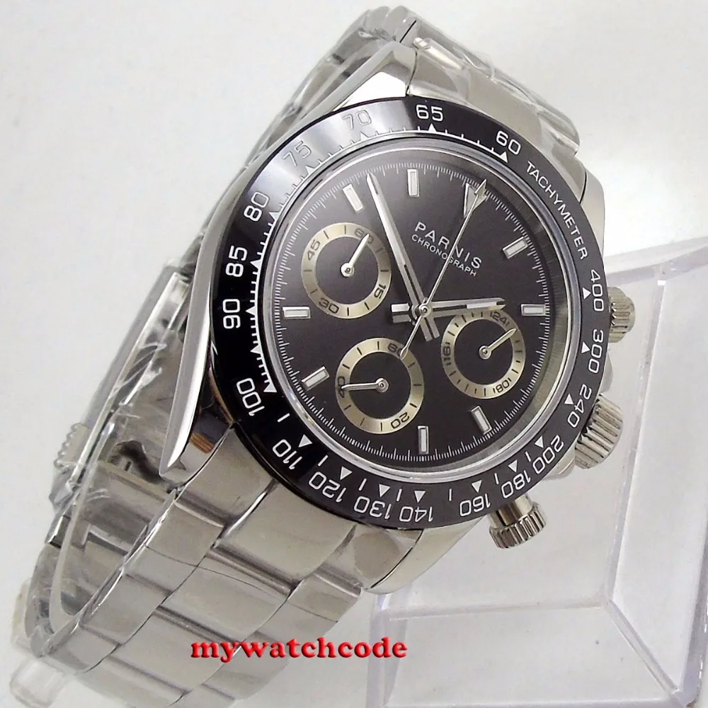 39mm PARNIS black dial sapphire glass cermaic bezel Chronograph quartz mens watch P1178 | Наручные часы