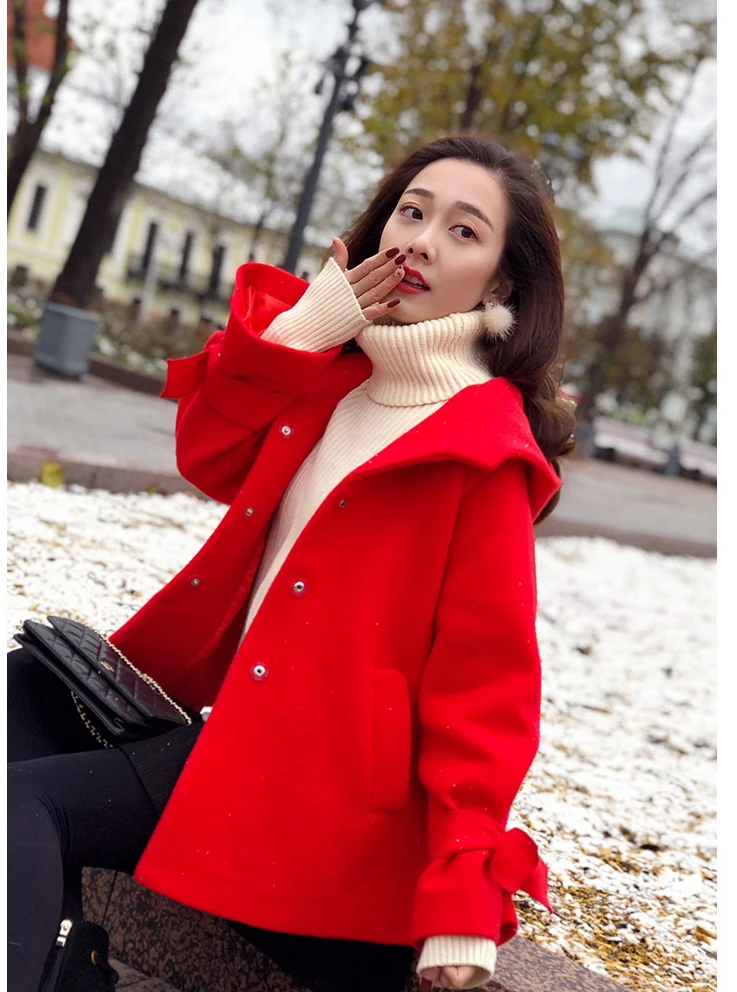 

Women's short woolen coat Long sleeve Hooded Drop-shoulder 2019