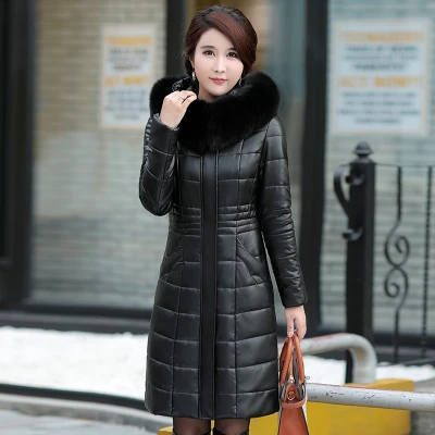 Black fur collar Длинная кожаная куртка для женщин большой меховой воротник с капюшоном зимняя парка толстое теплое кожаное пальто размера плюс пуховое хлопковое Женское пальто 8XL - Цвет: Black fur collar