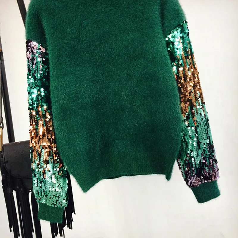 JOYDU 2018 Korean Winter Lady's Sweater Sequins Long Sleeve Patchwork Pullover Fashion Mohair Turtleneck Knitted Sweaters Women | Женская