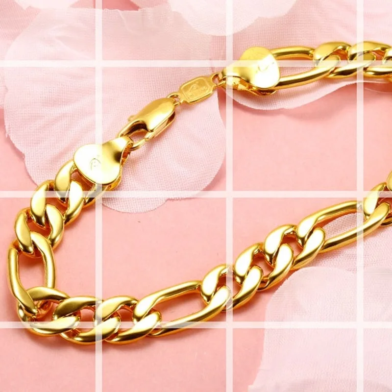

OMHXFC Wholesale European Fashion Man Male Party Birthday Wedding Gift Figaro Wide Thick Link Chain 24KT Gold Bracelet ES100