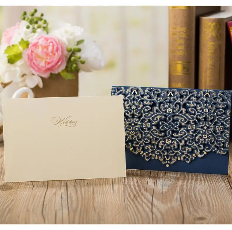 Blue Cover insert 50 шт., синий, золотой, белый, красный, роскошные свадебные пригласительные открытки с лазерной огранкой, элегантные конверты для поздравительных открыток, товары для свадебной вечеринки - Цвет: Blue Cover insert