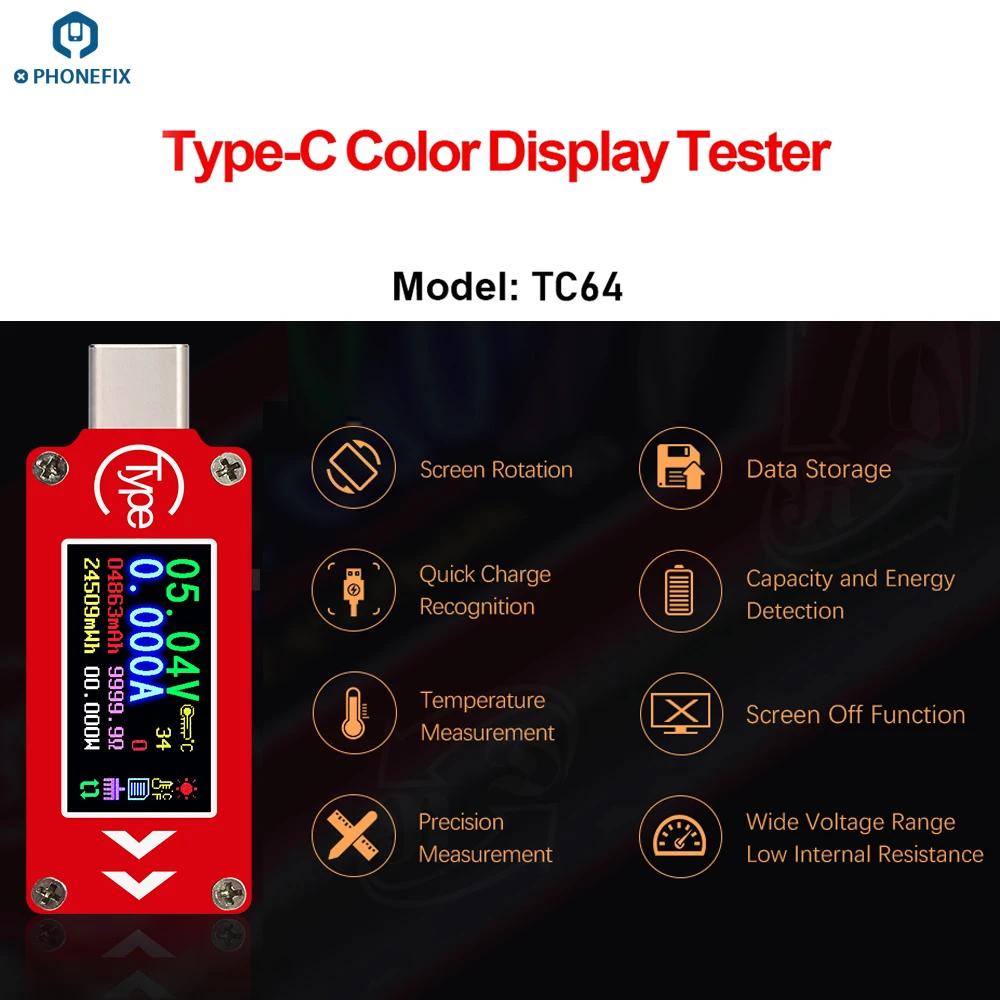 Мини мультиметр PHONEFIX RD TC64 Type C с цветным ЖК дисплеем 0 96 дюйма USB вольтметр