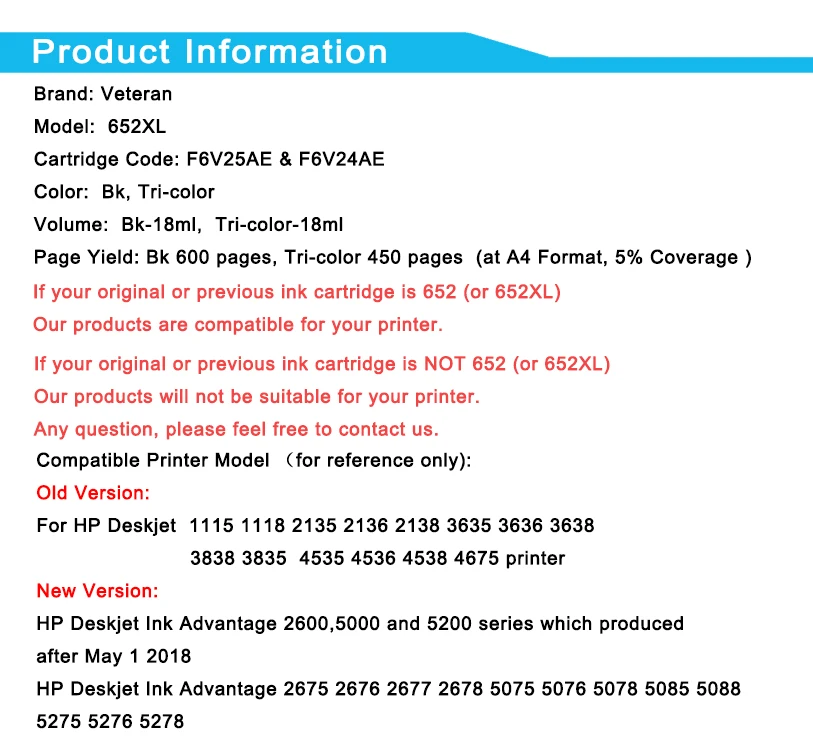 Ветеран пополнен 652xl чернильный картридж для hp 652 xl hp 652 чип чернильный картридж для hp Deskjet 1115 1118 2135 2136 3635 3636 3835 4535 4536 2675 2676