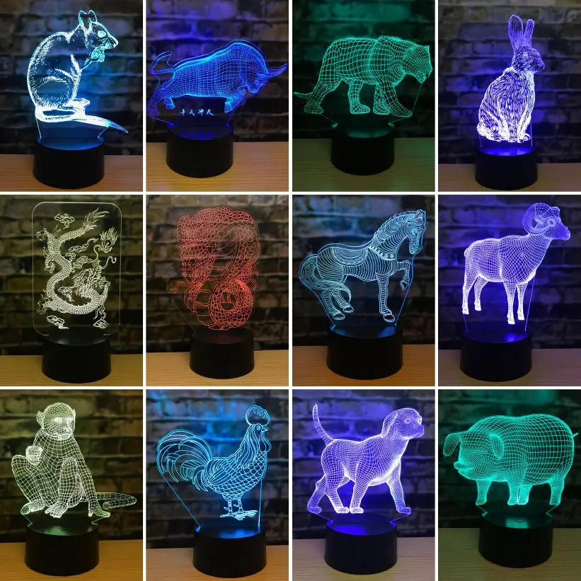 Lámpara 3d del zodiaco de los doce, luces Led en 3d de Tigre, conejo, dragón, serpiente, caballo, oveja, mono, pollo, perro, cerdo