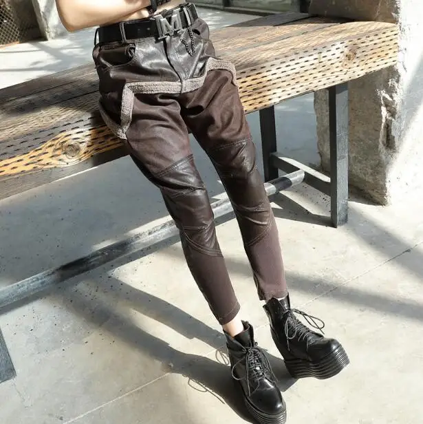 2020 winter women's new suede wash leather stitching harem pants trousers feet pants leather pants tide