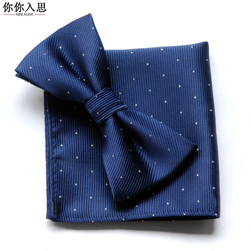 

Free shipping Men's Blue Formal Solid Bowtie Handkerchief Pocket Square Suit Gentleman Cravat Marriage Butterfly Neck Wear