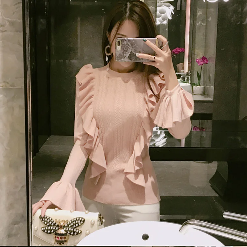 HAMALIEL Fashion Sweet Autumn Women Knitting Pullovers Korean Sky Blue Ruffles Crochet Knitted Long Flare Sleeve Sweater Jumper | Женская