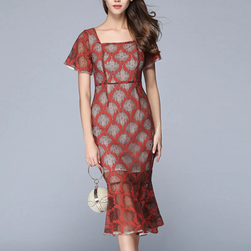 Элегантный 2017 лето новая мода женщины перспектива кружева с коротким рукавом