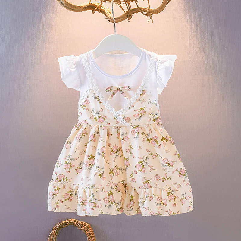 Summer Casual Chiffon Flare Sleeve Fake 2 Piece Floral Pattern Dress Baby Girls Beach 2019 Kids Toddler Princess Sundress | Детская