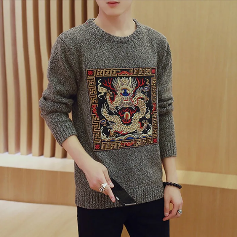 Мужской свитер с вышивкой в китайском стиле круглым вырезом|fashion men sweater|men fashion