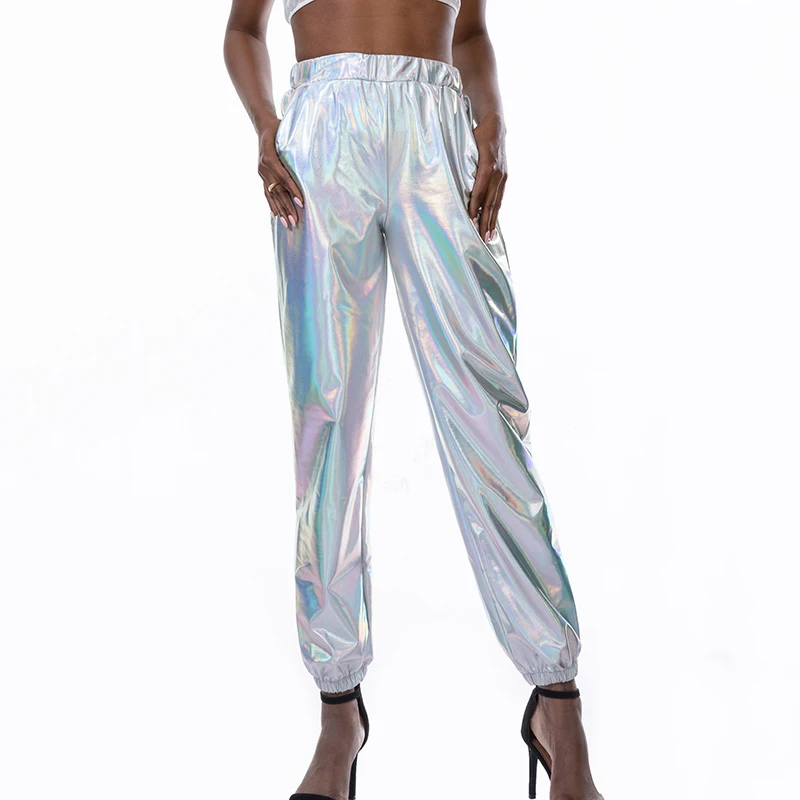 

Клубные брюки YSDNCHI с завышенной талией, блестящие сексуальные брюки для бега, свободные брюки, Клубная одежда, женские брюки в стиле панк, женская одежда из полиэстера