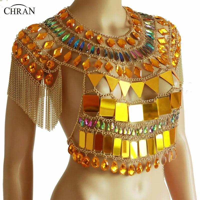 Chran Gold Tassels Sequin Chain Crop Top Classic Chainmail Bra Body Chain Sexy Showgirls Rave Outfit