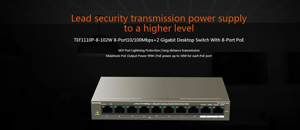 Tenda TEF1110P-8-102W энтернет сетевой коммутатор 8-портовый 10/100 Мбит/с POE+ 2 гигабитный настольный коммутатор 250 м, 6 кВ Защита от молнии