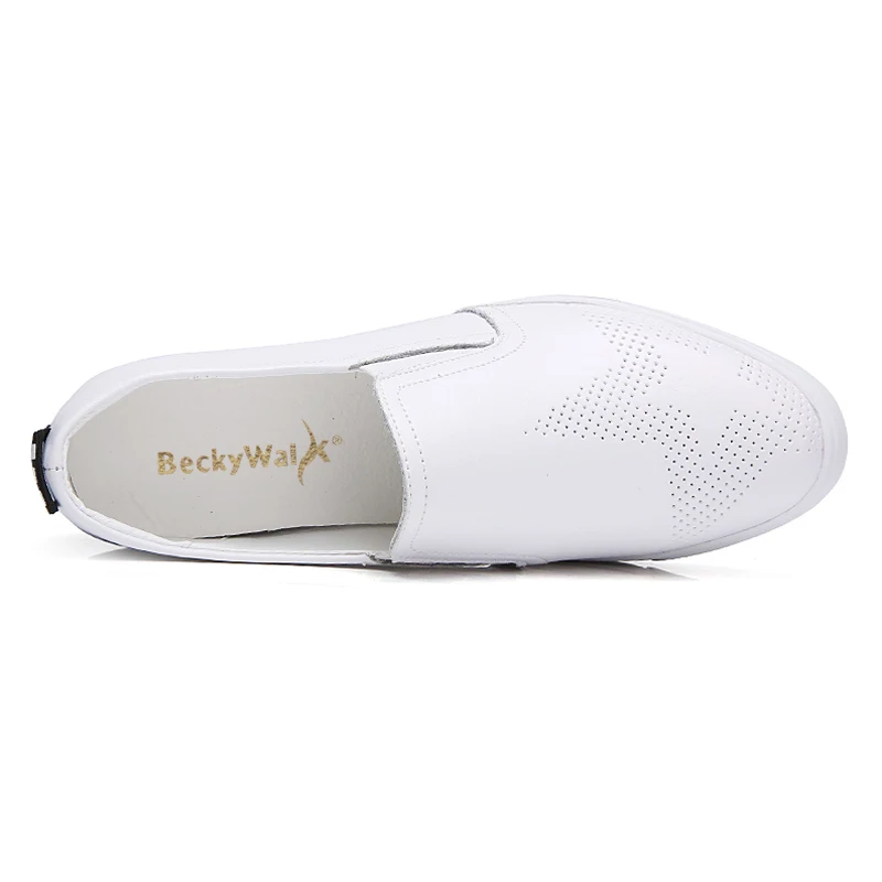 Женские кроссовки на танкетке BeckyWalk белые черные из натуральной кожи лоферы