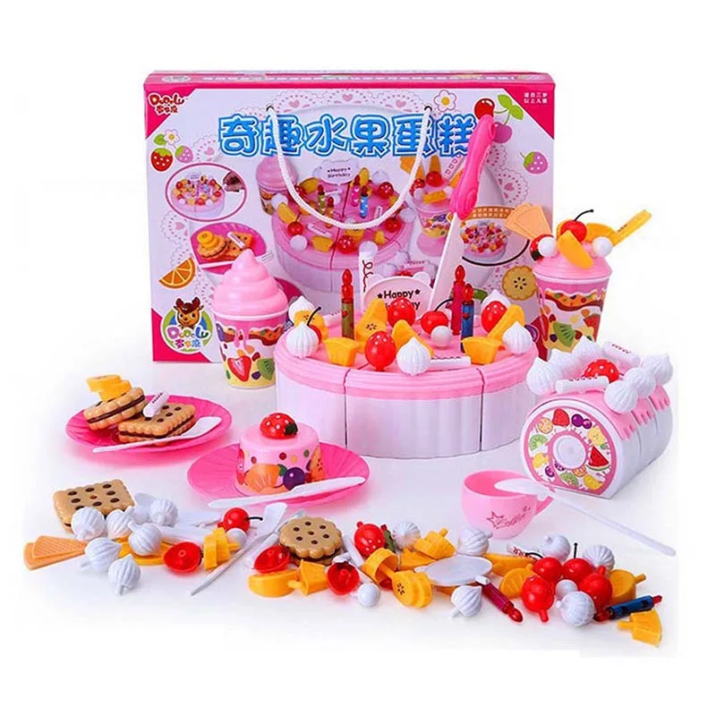 Strawberry 73pc Игрушечный торт для девочек, игрушечный набор для кухни, игровой набор, фруктовый торт, день рождения, ролевые игры, игрушки, розовый, голубой, подарок для детей - Цвет: Strawberry 73pc