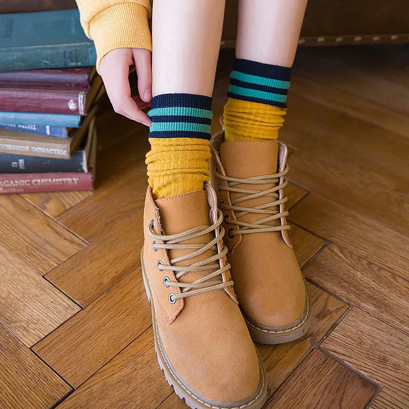 Осенне-зимние теплые модные повседневные милые женские носки в полоску с двумя