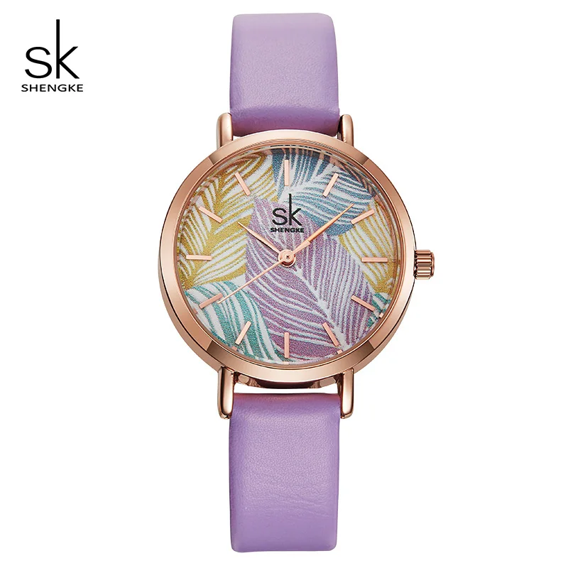 purple Shengke часы женские Брендовые женские модные кожаные часы Reloj Mujer SK креативные кварцевые часы лучшие подарки для женщин# K8057 - Цвет: purple