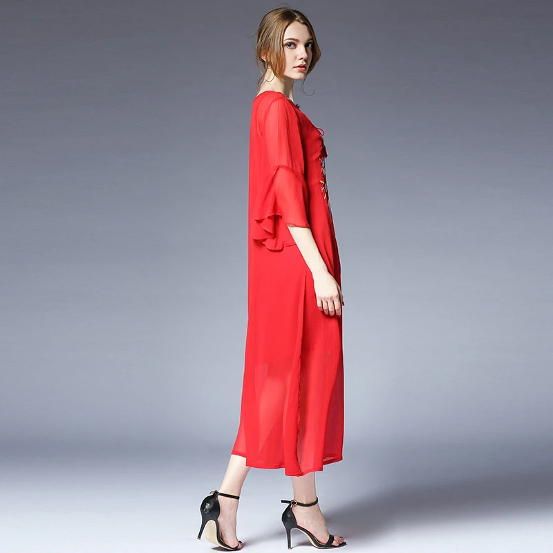 

Plus size Embroidery two piece dresses women casual loose Elegant dress high waist crew neck summer new Flare sleeve dress