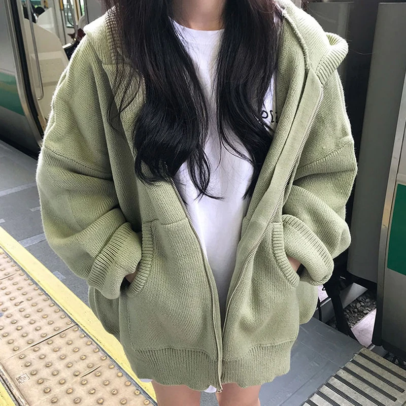 2019 Chic new fashion women's sweater Korean version of the hooded lace knit zipper solid color for women thick warm |