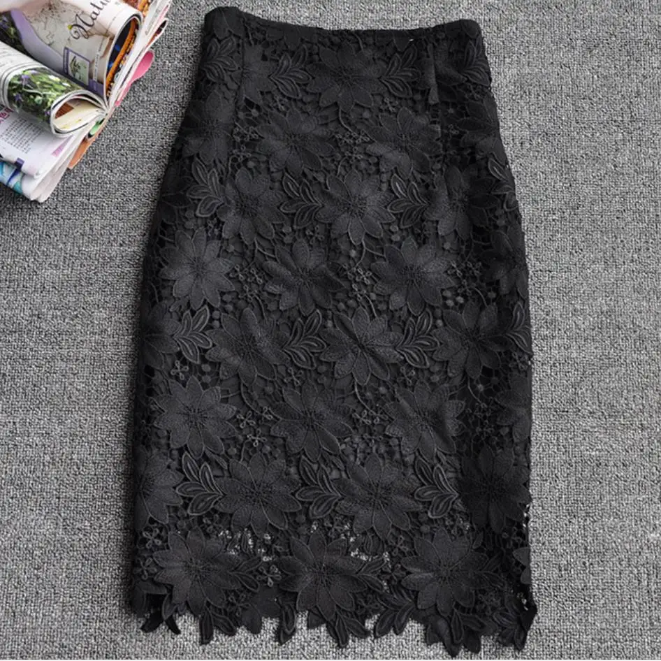 Женская кружевная юбка-карандаш белая ажурная юбка с высокой талией и разрезом