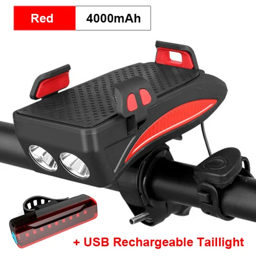 Set 4 Red 4000mAh Велосипедный светильник NEWBOLER с подзарядкой от USB, флэш-светильник, держатель для телефона, велосипедный светильник высокого качества 2000/4000 мАч, внешний аккумулятор, велосипедный рожок, светодиодный светильник - Цвет: Set 4 Red 4000mAh