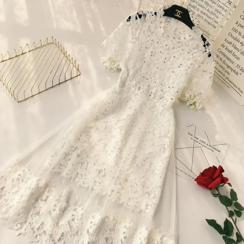 

2019 Summer Women Dresses Sweet Elegant Lace Hollow out O neck Short sleeve A line dresses