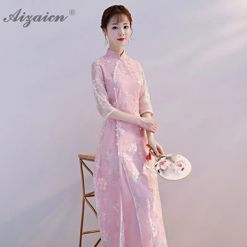 Современное Новое Кружевное Розовое длинное платье Ципао китайское приталенное