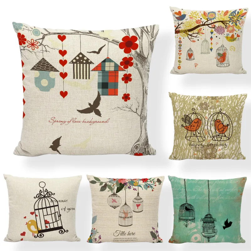 Наволочка в стиле ретро с изображением газеты леса птицы клетки цветов 45 см форме