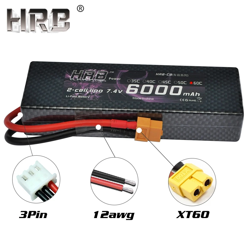 2 шт. HRB 2S 7,4 V 6000mah 60C Lipo батарея RC части жесткий чехол T XT60 Deans EC5 XT90 для Traxxas TRX4 Багги автомобили FPV Самолет лодка