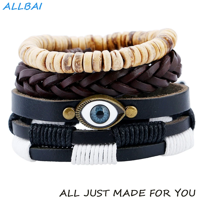 Мужской панк ретро стиль кожаный браслет ручной работы Кокосовая оболочка сплав