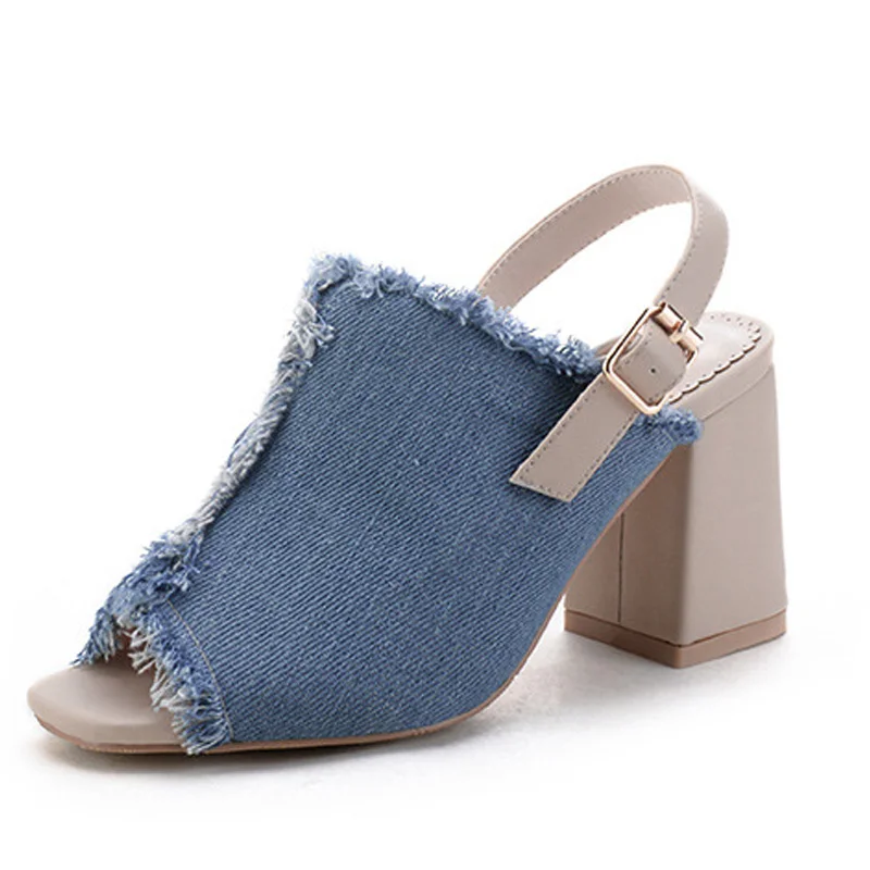 Vogue Denim High Heel Women Mules Peep Toe Pumps Heels Back Strap Fringe Summer Sandals Shoes SWC0020 | Обувь